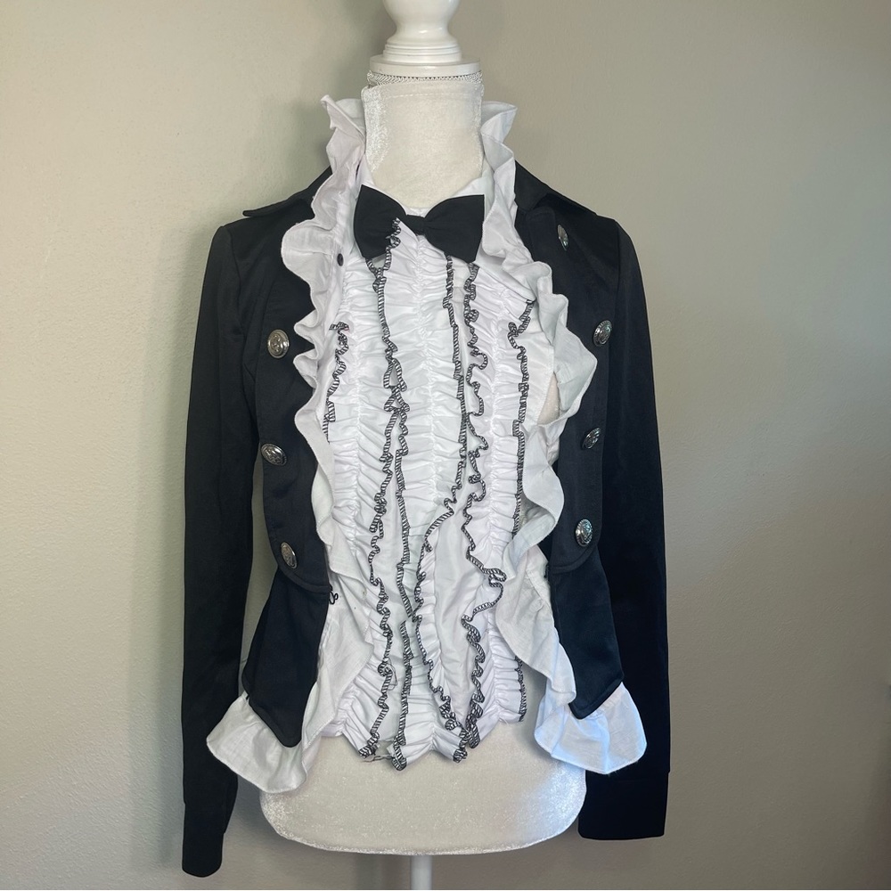 Black Ruffled Steampunk Blazer With White Ruffle And Ruffled Tuxedo Shirt Front